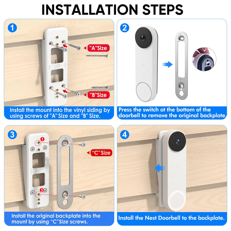 Vinyl Siding Mount for Google Nest Doorbell (Battery), Adjustable Angle Doorbell Wedge Corner Mounting Bracket Kit for Nest Doorbell, Solve Siding Tilt Problem (4" Standard Vinyl Siding Only)