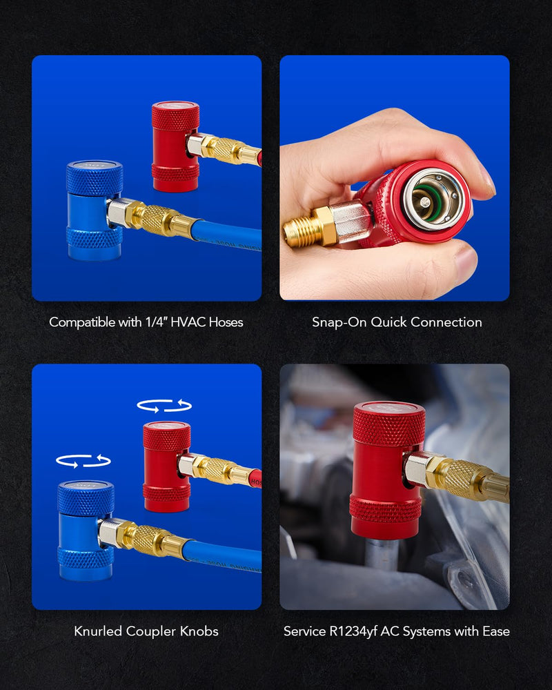 Orion Motor Tech R1234yf Quick Couplers Set, R1234yf Adapter Tool Kit with Self-Sealing & Puncture Can Tap, High & Low R1234yf Couplers Set with Valve Core Remover for 1/4" & 1/2" HVAC Charging Hoses
