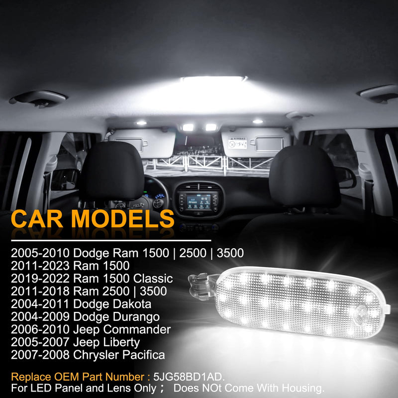 White LED Interior Roof Dome Lights Cover Overhead Console Reading Lamps Compatible with Dodge Ram 1500 2500 3500 4500 5500 Dakota J-e-e-p-Liberty Commander Clear Dome Lamp Lens Console