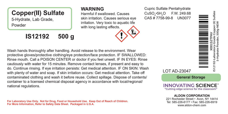 ALDON Innovating Science Copper (II) Sulfate 5-Hydrate Powder, 500g - Laboratory-Grade - The Curated Chemical Collection