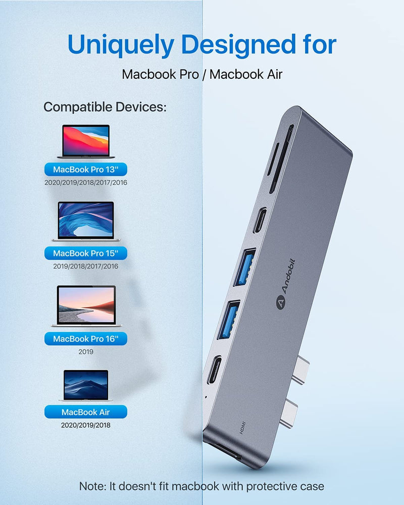 [2025 Upgraded] andobil 7-in-2 USB C Hub Adapter for MacBook Pro 2021-2016/ MacBook Air 2020-2018, 2 USB 3.1 & USB Data Ports, 4K HDMI, SD/TF Card etc, The Space Grey