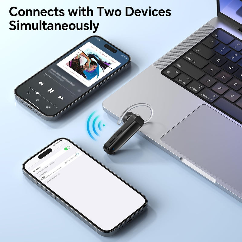 Bluetooth Headset Wireless Earpiece Single Ear Earphones with Microphone | HD Sound Hands Free Calling Lightweight Design Mute Function for iPhone Samsung Android PC Laptop TV Work Office Driving