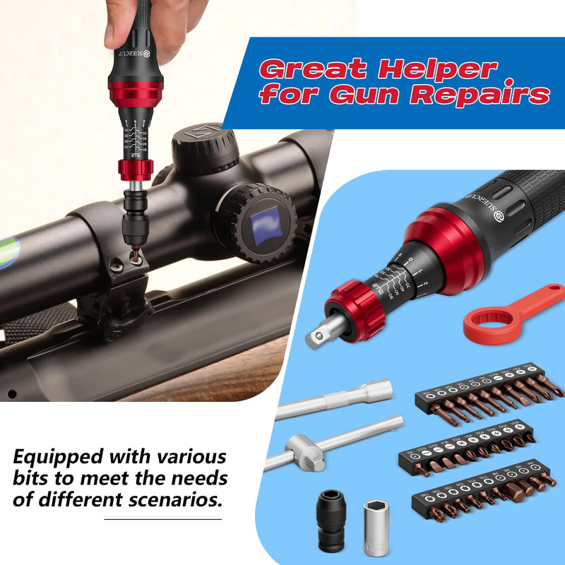 SUERCUP 1/4" 10-80In.lb Torque Wrench Screwdriver 36 PCS Set | T-bar, Hex, Torx, and Phillips S2 Bits, Torque Screwdriver, For Scope and Car, Bike Mounting and Home DIY