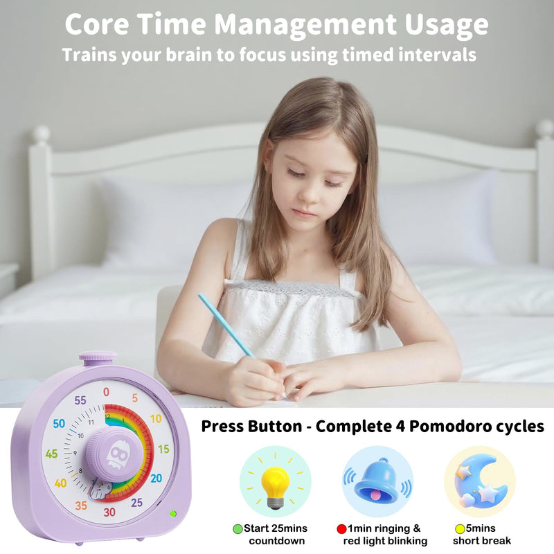 Visual Timer – Rainbow Magnetic Timer for Classroom, 60min/12h Rechargeable Countdown Timers, Silent Pomodoro Timers for Kids & Adults with ADHD Purple