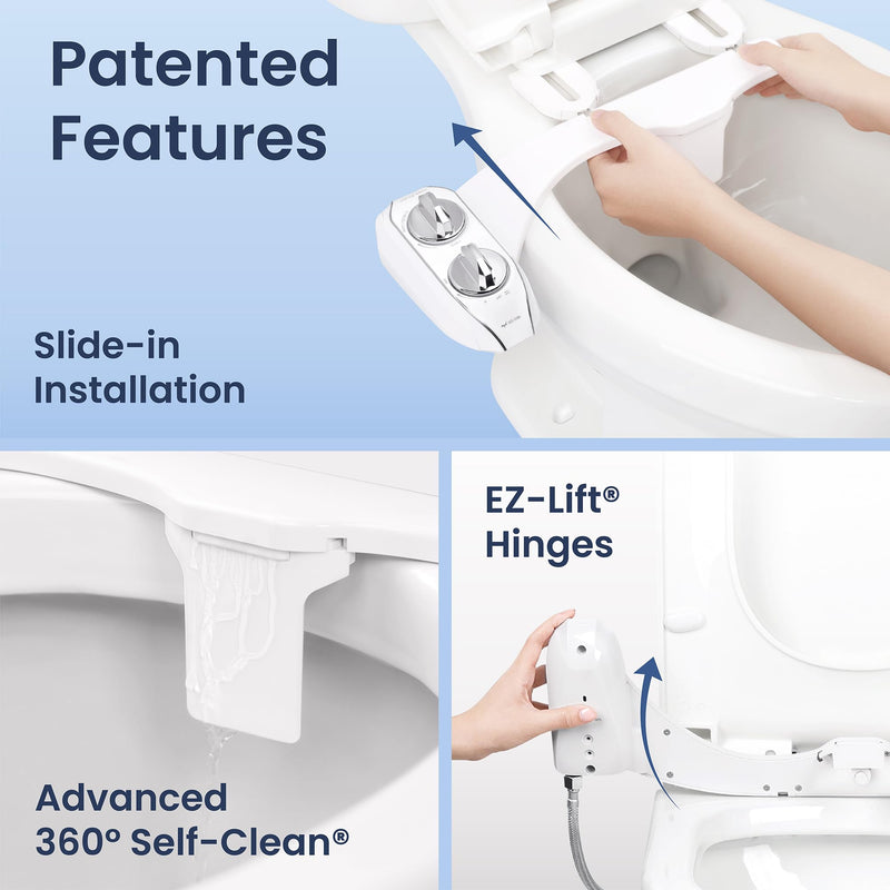 LUXE Bidet NEO 120 Plus - Single Nozzle, Non-Electric Bidet Attachment for Toilet Seat, Patented Slide-In Install, 360° Self-Clean, EZ-Lift to Clean, Rear Wash (Chrome) Chrome