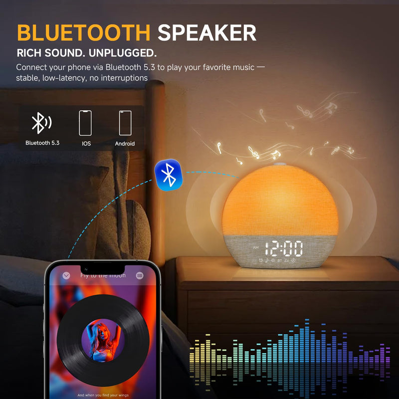 Sunrise Alarm Clock White Noise Sound Machine for Bedroom | Natural Wake-Up Light with 30 Soothing Sleep Aids, Bluetooth Speaker, Dimmable Clock, Screen-Free Design for Baby Adults Kids-Khaki Khaki
