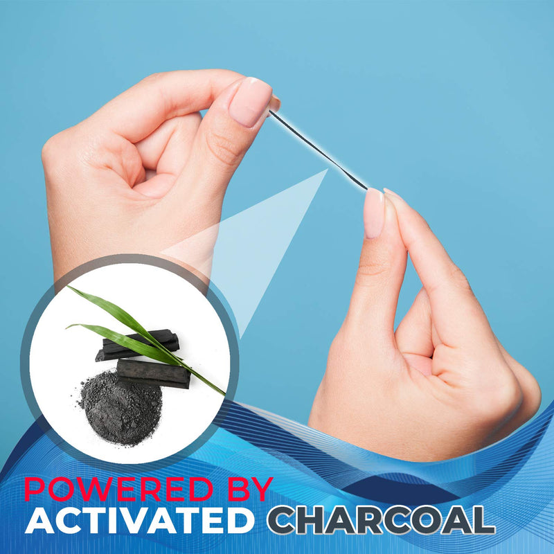 Expandable Floss Treated with Activated Charcoal with Xylitol and Natural Plant Based Wax |Fresh Mint Flavor | 50 Meter (6 Count) 164.04 Foot (Pack of 6)