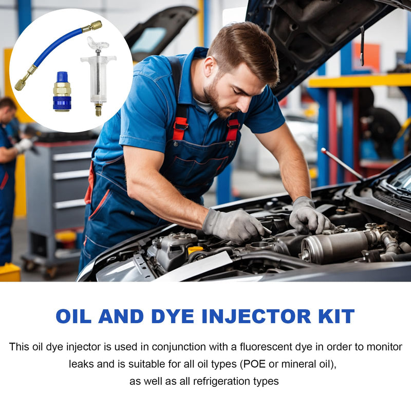 Oil and Dye Injectors Kit, 30ml/1 Oz Hand Push Oil Injector with Snap Quick Coupler 1/4" SAE Connector, Screw-in Manual AC Dye Injector Refrigerant Tools for Car HVAC System
