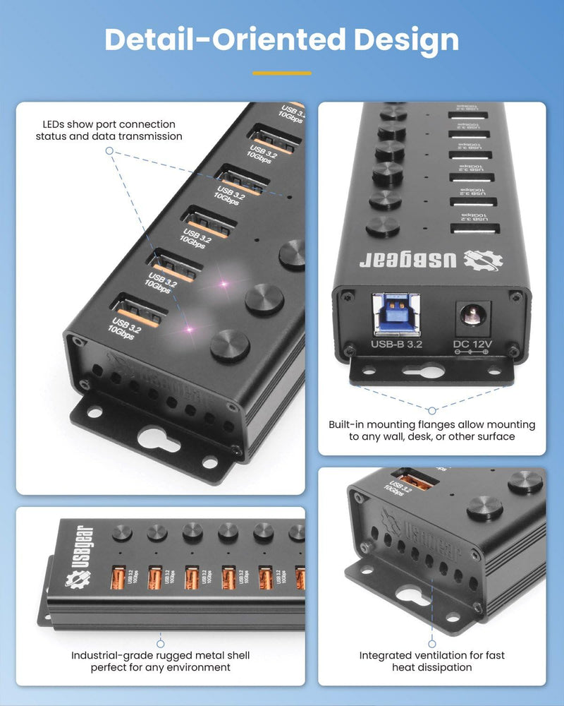 7-Port USB 3.2 Gen 2 Hub - 10Gbps, Individual Power Switches, and Mountable Design for Workspaces & Labs 7 Port Hub w/Power Switches