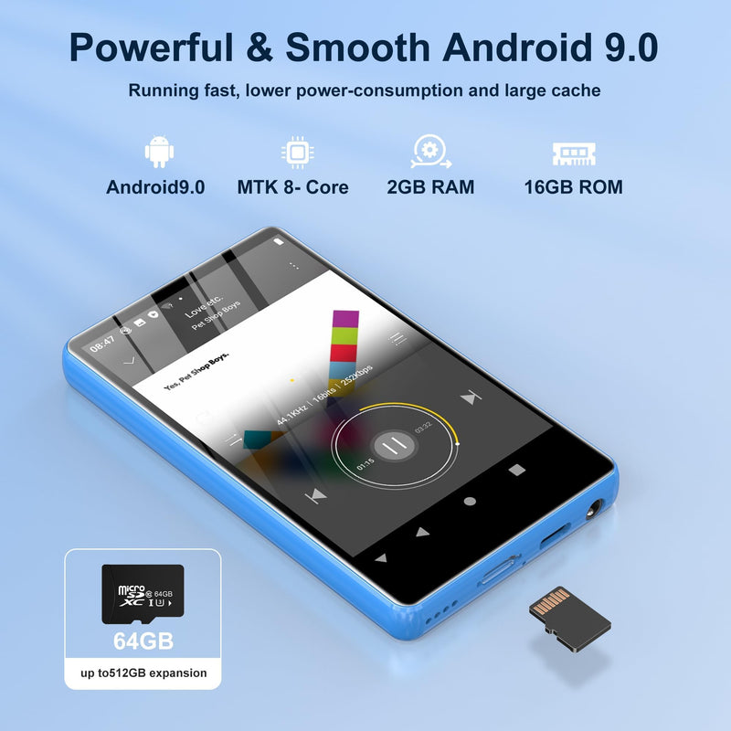 80GB Music Player, MP4 MP3 Player with Bluetooth and WiFi with 4-inch IPS Touch Screen Digital Audio Players, M503 Pro Spotify Player with Amazon Music, Audible, Chrome Browser, Support Up 512GB Blue Blue-80GB