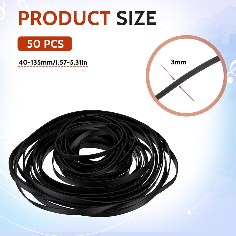 50 Pcs Cassette Belts Recorder Rubber Belts Recorder Repair Maintenance Tape Machine Rubber Belt 40-135 mm Mix Size 3mm Width Flat Cassette Belt for VCR DVD CD LD Repeater Drives