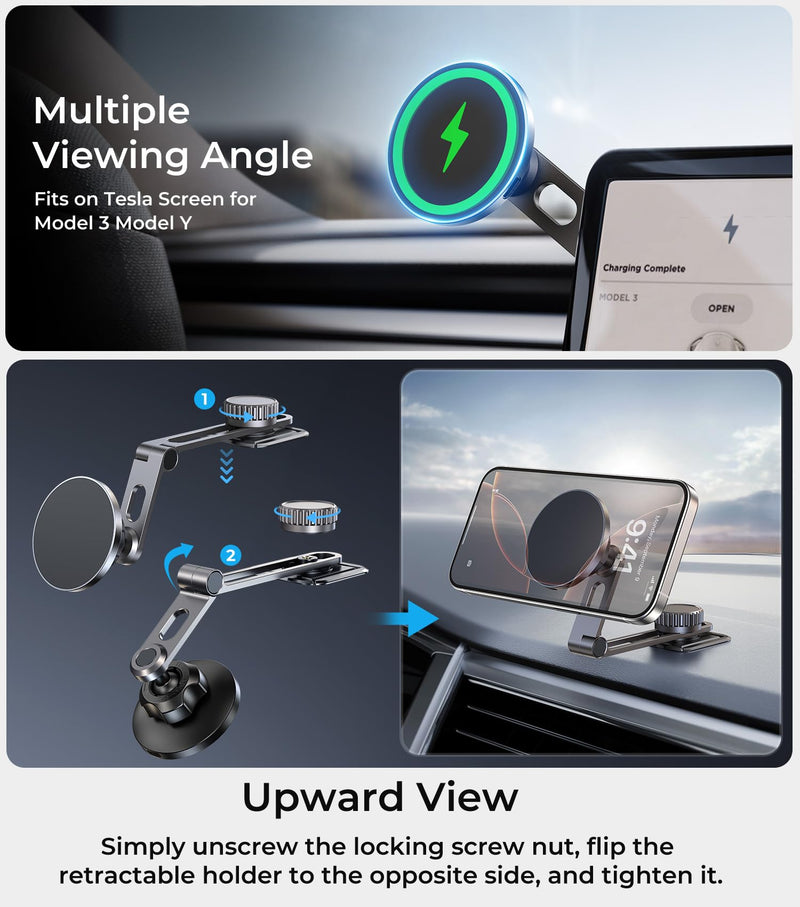 Tesla Phone Mount Qi2 Charger for iPhone MagSafe 【Hidden Foldable Design】 15W Wireless Charging, Universal Car Magnetic Dashboard Phone Holder, Tesla Model 3/Y/Cybertruck Accessories Screen+Charger