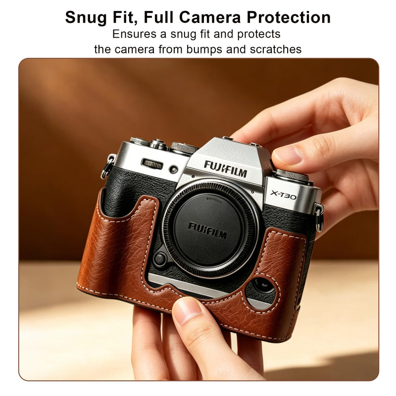 Carrying Case for FUJIFILM X-T30 III/X-T30 II/X-T30 Mirrorless Camera | Fujifilm X-T30 III/ X-T30 II Camera Half Leather Bag, Retro Style Camera Case (with Shoulder Strap, Screen Protector), Brown