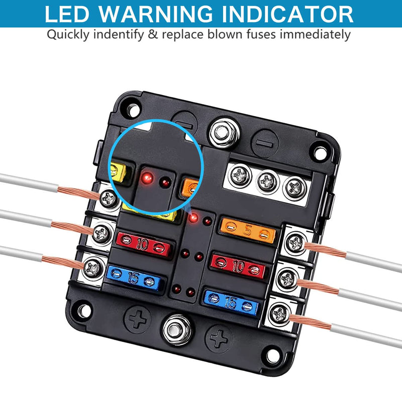 6 Way Fuse Block,12V Blade Fuse 6 Circuit ATC/ATO Waterproof Fuse Box Holder with LED Indicator Waterpoof Cover for 12V/24V Automotive Truck Boat Marine RV Van Vehicle 6 Way