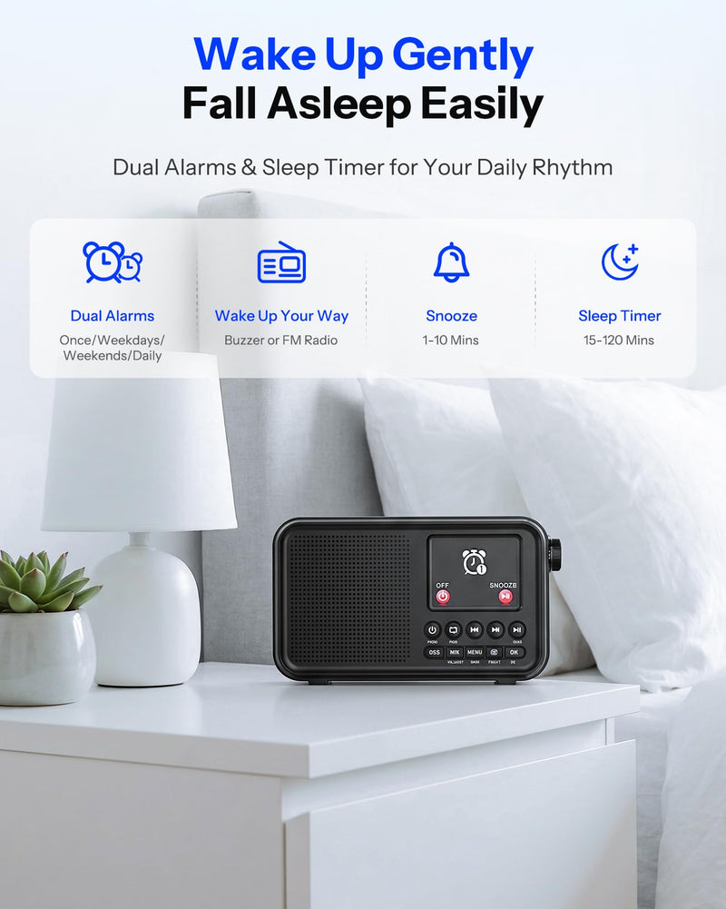 Portable FM Radio with Bluetooth, NOAA Weather Radio, 3000mAh Rechargeable | Auto Scan 40 FM Presets, 8W Speaker, 6 EQ Modes, Dual Alarms, Sleep Timer, 2.4" Color Display, Emergeny Radio SOS Black