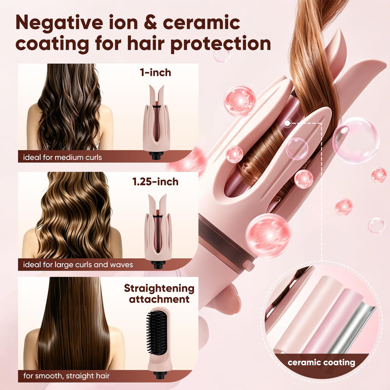 3-in-1 Negative Ions Automatic Curling Wand, Rotating Hair Curler with Straightener Brush, Ceramic Coating Anti-Scald Auto Shut-Off, Four Temperature for Hair Styling, 28mm & 32mm Barrels, 150°C-210°C