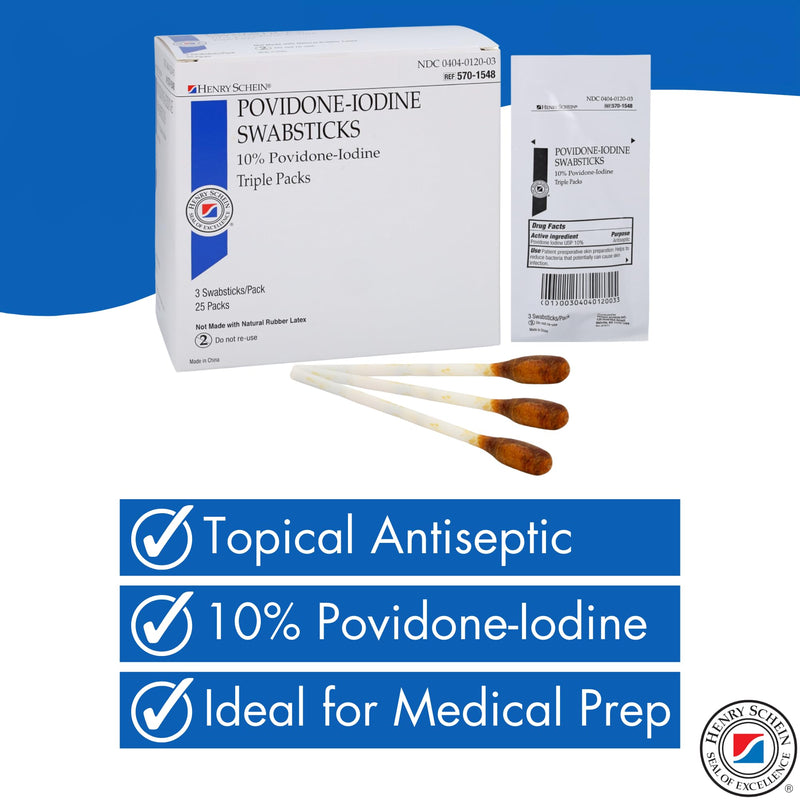 Henry Schein Prep Povidone-Iodine Swabsticks 3's, Individually Packed, Sterile, Antiseptic for Skin Preparation, 10% Povidone-Iodine- 50 Count (Pack of 2) White 50 Count (Pack of 2)