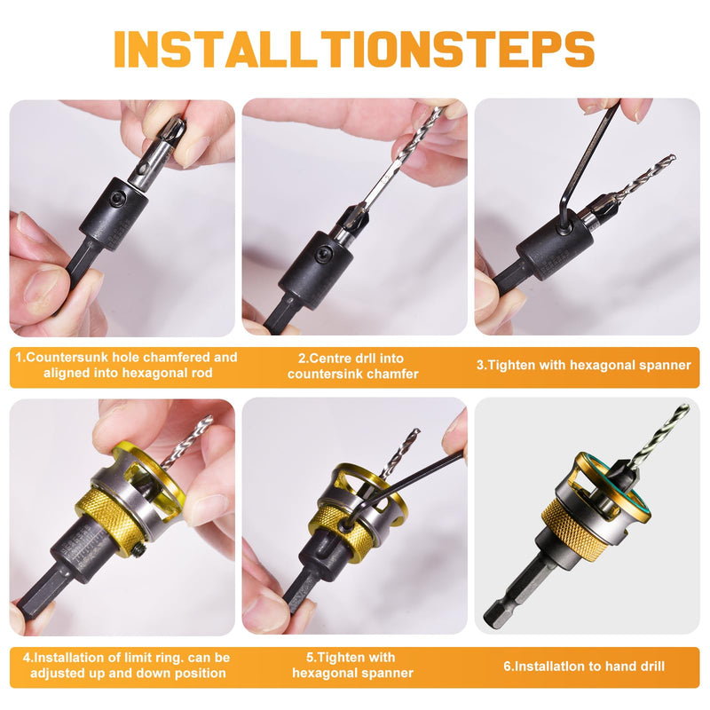 Countersink Drill Bit Set - 5 Pcs Countersink Drill Bit with Aluminum Alloy Depth Stop Collar, HSS M2 Bearing Stopper Anti-Scratch, 82° Counterbores 1/4” Hex Shank for Woodworking Tools & Hand Tools Yellow-5Pcs
