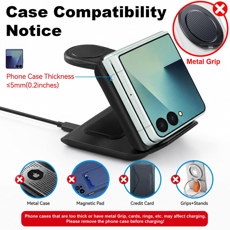 Geyo 3 in 1 Fast Wireless Charger for Samsung Galaxy Z Flip 8/7/7 FE/6/5 | Foldable Charging Station for Motorola Razr Ultra 2026, Portable Travel Charger Stand for Phone, Galaxy Watch & Buds, Black