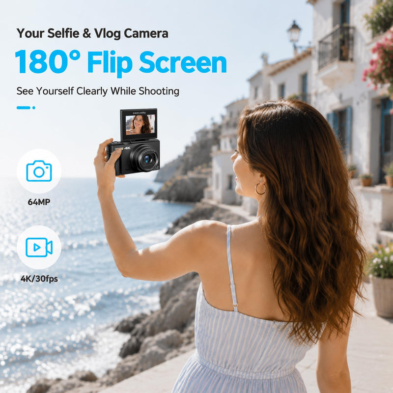 4K Digital Camera for Photography, 64MP Vlogging Camera with 180° Screen | Compact Point And Shoot Camera With WiFi, 32GB Card, 2 Rechargeable Batteries, Portable Travel Camera, Black