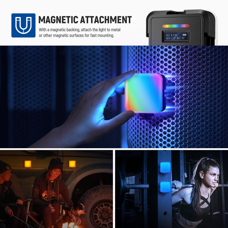 NEEWER RGB62 Magnetic RGB Video Light with APP Control, 2 Pack 360° Full Color LED Camera Light with 3 Cold Shoes CRI97+ 2500K-8500K 17 Scenes 2000mAh Rechargeable Portable Photography Selfie Lighting