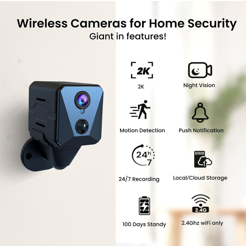 Security Camera, 2K WiFi Indoor Camera, 100 Days Standby Battery Life, Cloud & SD Storage, Clear Night Vision, AI Motion Detection, Real-Time Record Security Wireless Surveillance Camera