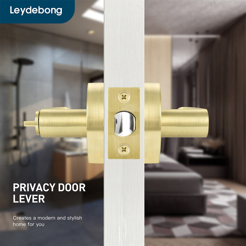Leydebong 1 Pack Privacy Door Lock Door Handle Lever Keyless Door Knob Hardware Lockset for Bathrooms Indoor Door Levers Reversible Without Key for Interior Use, Light Satin Brass Finish Keyless-Privacy Lever
