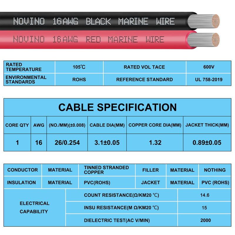 16 Gauge Marine Wire 16 AWG Marine Grade Wire Include 16 AWG 50FT Red & 50FT Black,16 Gauge Tinned Copper Oxygen-Free Boat Electrical Cable for Automotive/RV/Camper/Trailer Outdoor Use 16 Gauge 50 FT