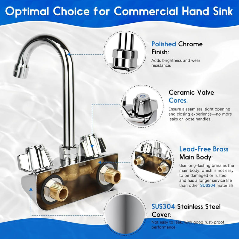 Leak-Free Commercial Hand Sink Faucet with Ceramic Valve, 4 Inch Center Wall Mount Kitchen Faucet with 3-1/2" Swivel Gooseneck Spout & Dual Knobs for Bar Restaurant Laundry, Brass Constructed