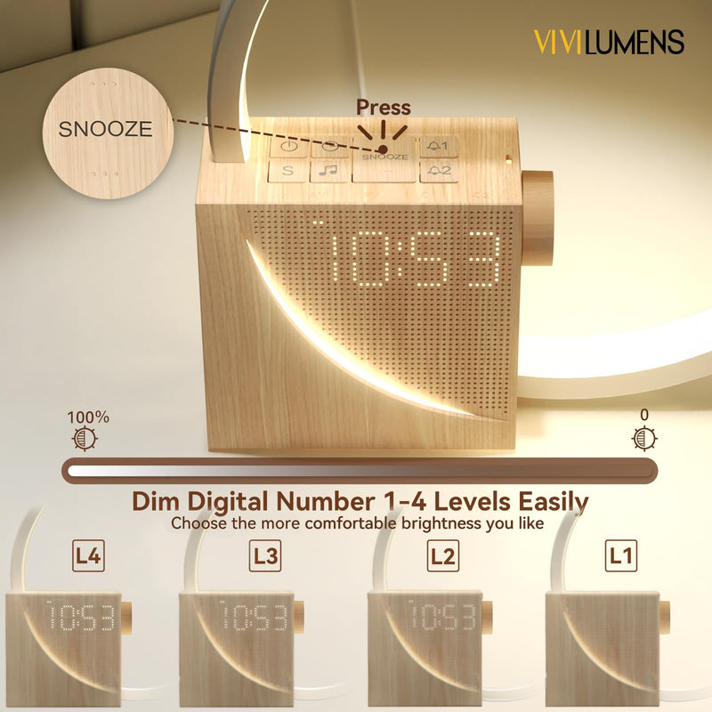 Vivilumens Sunrise Alarm Clock Sound Machine Nightlight, Gradual Wake Up Light, Digital Dimmable Clock, 10 White Noise Sleep Sounds, Snooze, Dual Clocks for Heavy Sleeper Adult, Decor Gifts for Women New Wood Grain