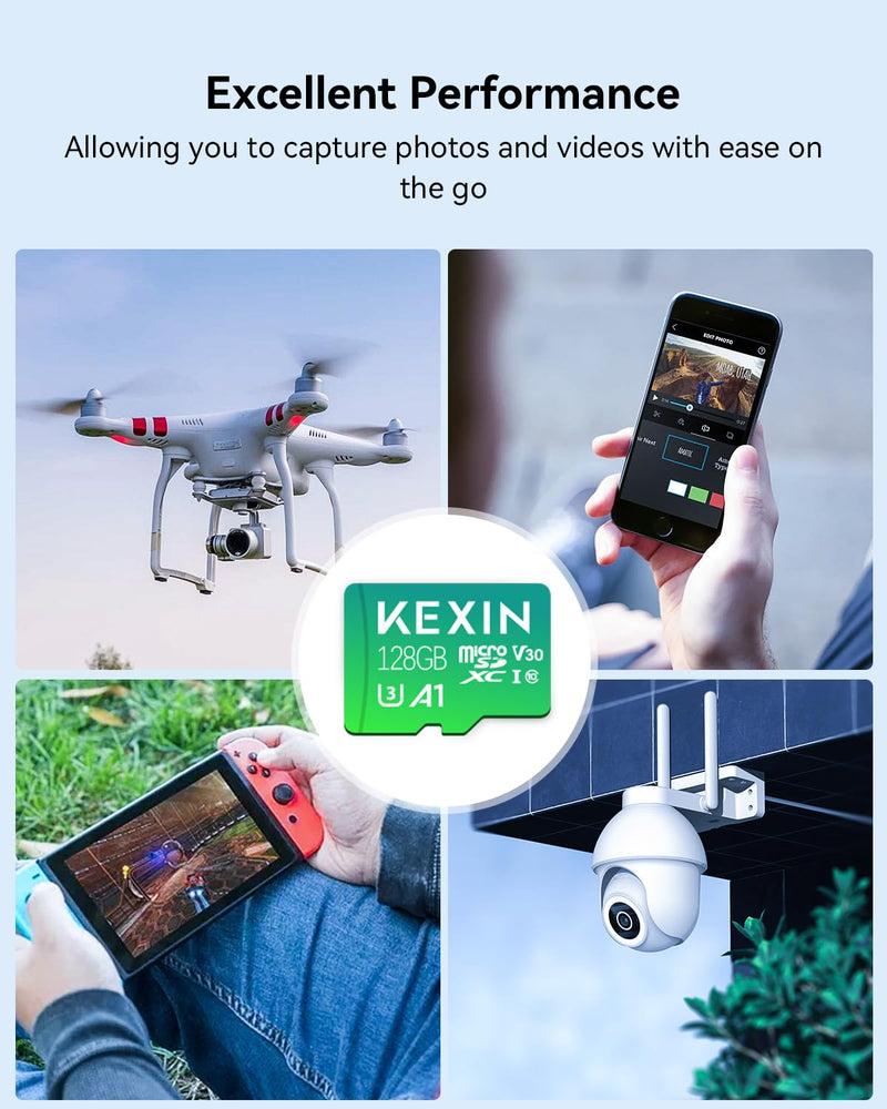 KEXIN 128GB Micro SD Card 3 Pack with Adapter - Up to 90MB/s 4K, V30, A1, C10, 4K UHD High Speed microSDXC UHS-I Memory Card Compatible with Action Camera Drone Game Smartphone Tablet 128G 3Pack