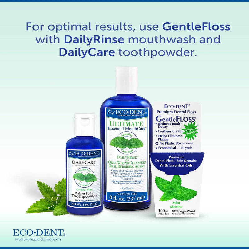 Eco-Dent GentleFloss Dental Floss, Waxed, Mint - Floss with Vegan Plant-Based Wax, Recyclable Cardboard Packaging, 100 Yds Ea (Pack of 6) 300 Foot (Pack of 6)