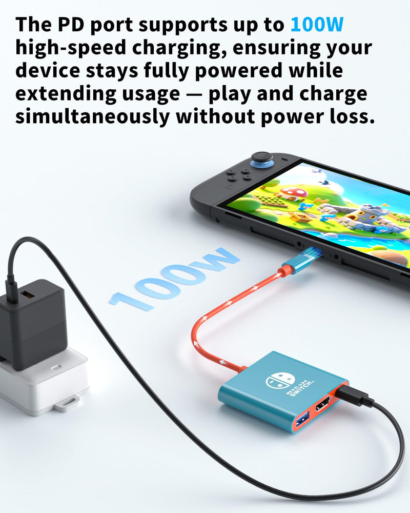Docking Station for Switch 2, TV Dock with 4K/60Hz HDMI, 100W PD, USB 3.0 Port, TV Adapter, Travel Docking Station Compatible with Nintend0 Switch 2 / Switch/OLED/Steam Deck/Laptop/Phone Blue