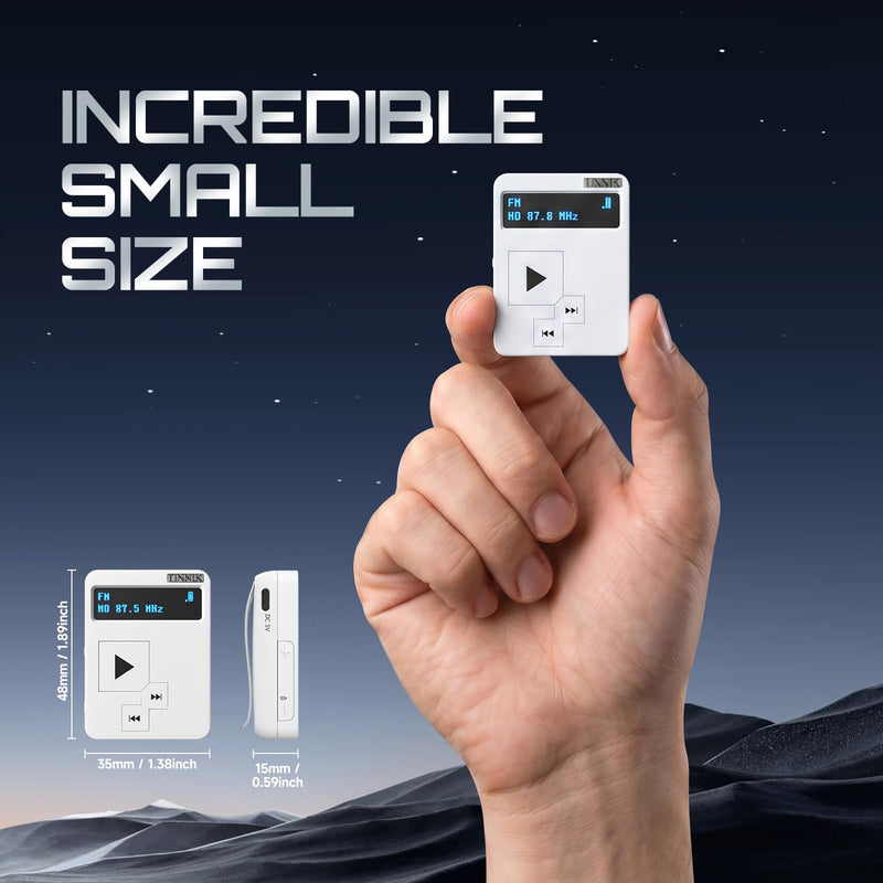 AM FM Mini Radio: Weight 27 Grams, Watch Size, Rechargeable USB, Personal Pocket Radio, OLED Screen, Clip, Button Lock, Digital Tuning, Timer, Stereo Headphones - FA298-WA white Modern