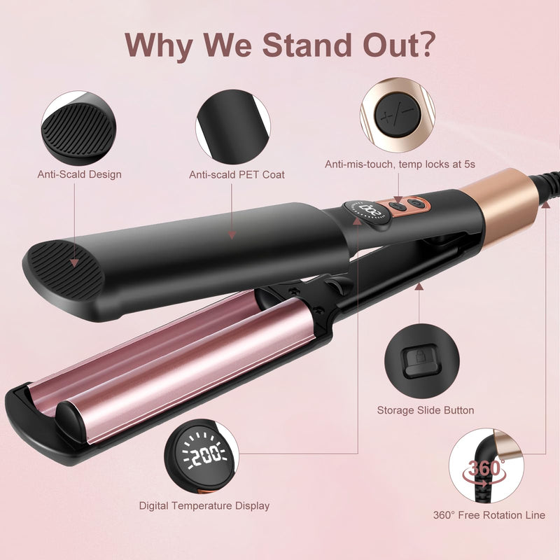 AISEELY 20MM Hair Waver Crimper - Mini 2 Barrel Beach Wave Hair Curler with 5 Adjustable Temp (120°C-200°C),Mermaid Curling Wand for Short/Long Hair, Anti-Scald, Quick & Easy Waver Curling Iron Black