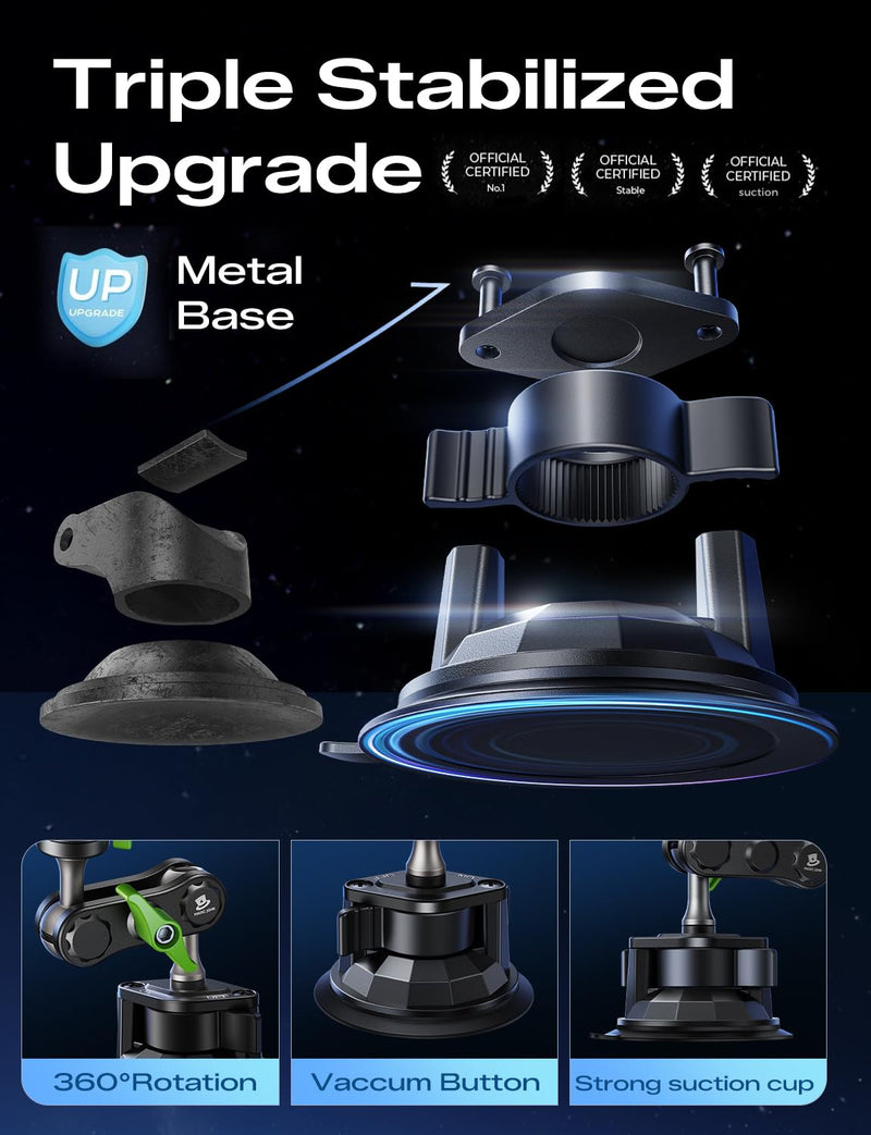 MAGIC JOHN Durable Metal Phone Holders for Your Car, Windshield Car Mount | Durable Metal Build, 360° Rotation, Strong Suction Cup Mount, Fits Windshield, Compatible With All 4-7" Smartphones. Extended