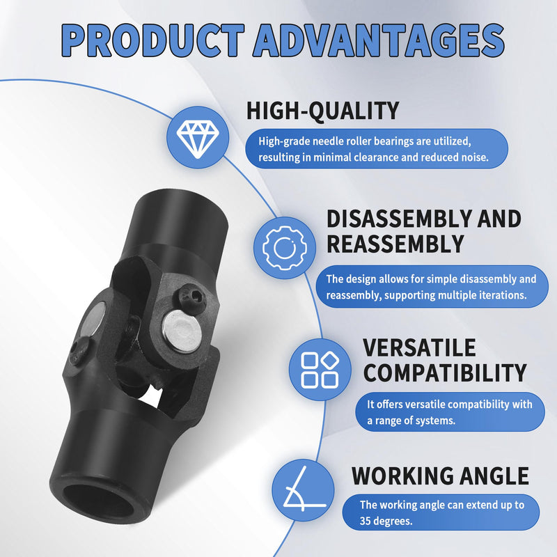 3/4" Round x 3/4" Round Single Steering Shaft Universal U Joint 3/4" Round to 3/4" Round Black Steering Shaft Universal Coupling 35° Working Angle 3-3/4" Total Length