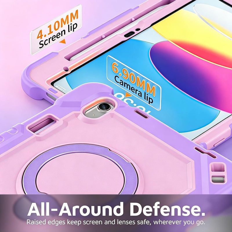 Case for iPad A16 11th Gen 11" 2025 & iPad 10th Gen 10.9" 2022 | 4-Layer Military Grade Shockproof Cover,Built-in Pencil Holder,360° Rotating Alloy Stand,Detachable Shoulder Strap Lilac Blush