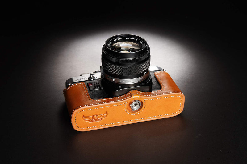 OM30 Case, BolinUS Handmade Genuine Real Leather Half Camera Case Bag Cover for Olympus OM10/30(with Handle) OM20(No Handle) Camera with Hand Strap (Yellow) Yellow