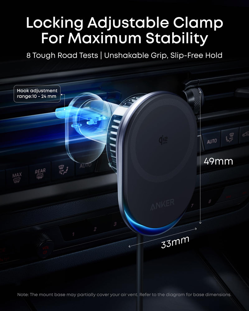 Anker Prime Qi2 25W MagSafe Compatible Wireless Car Charger Mount | AirCool Phone Holder with Vent Clip and Fast Power, for iPhone 17 - 12 Series, and More (Adapter Included) 25 Watts