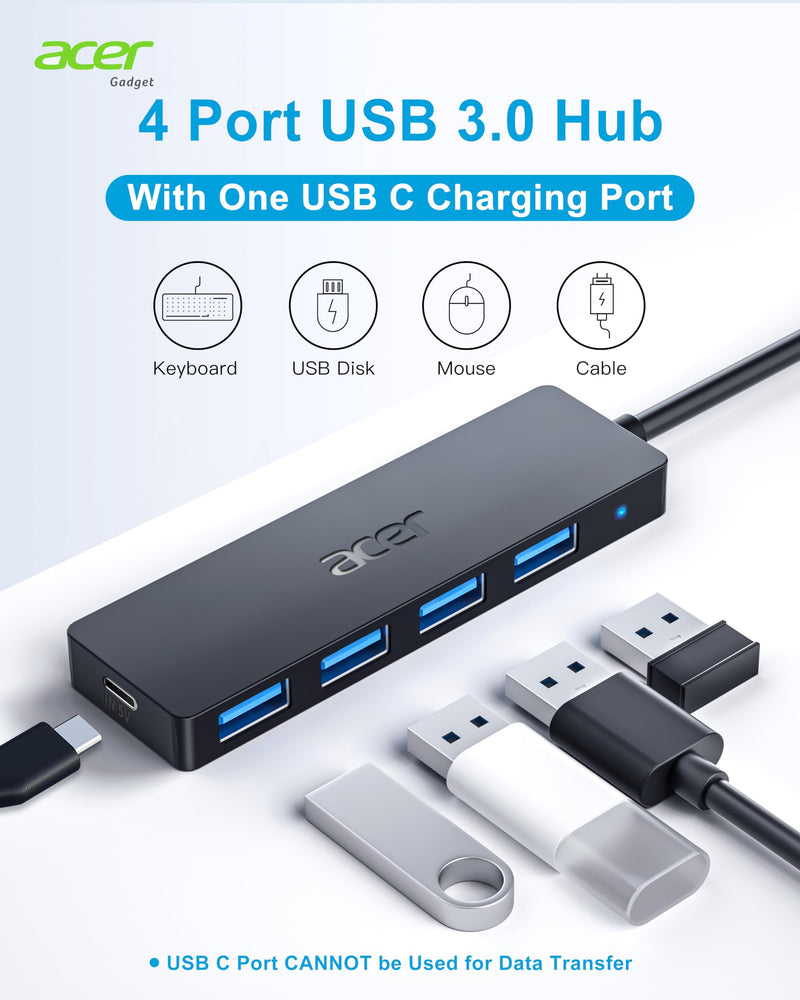 Acer USB Hub 4 Ports, Multiple USB 3.0 Hub, USB A Expander for Laptop with USB C Power Port, USB Extender for A Port Laptop, Windows, Linux, Acer PC, and More (4ft) 4ft USB-A 3.0