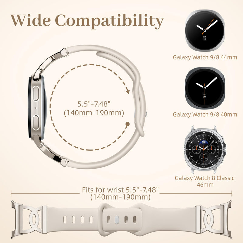 Adorve Slim Band for Samsung Galaxy Watch 9, Watch 8 Band & 8 Classic Women | Soft Breathable Thin Silicone, Sport Strap for Samsung Watch 9/8 40mm 44mm & 8 Classic 46mm, Unique No Gap DC-Shaped Adapter Starlight