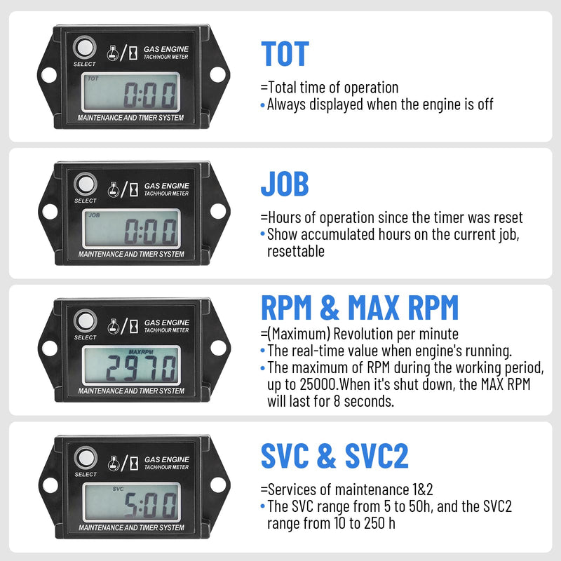 CarBole Digital Hour Meter Tachometer, Small Engine Hour tachomete, RPM Gauge Meter for Lawn Mower Skis Dirt Bike Boat Marine Snowmobile Generator and Gas Engine