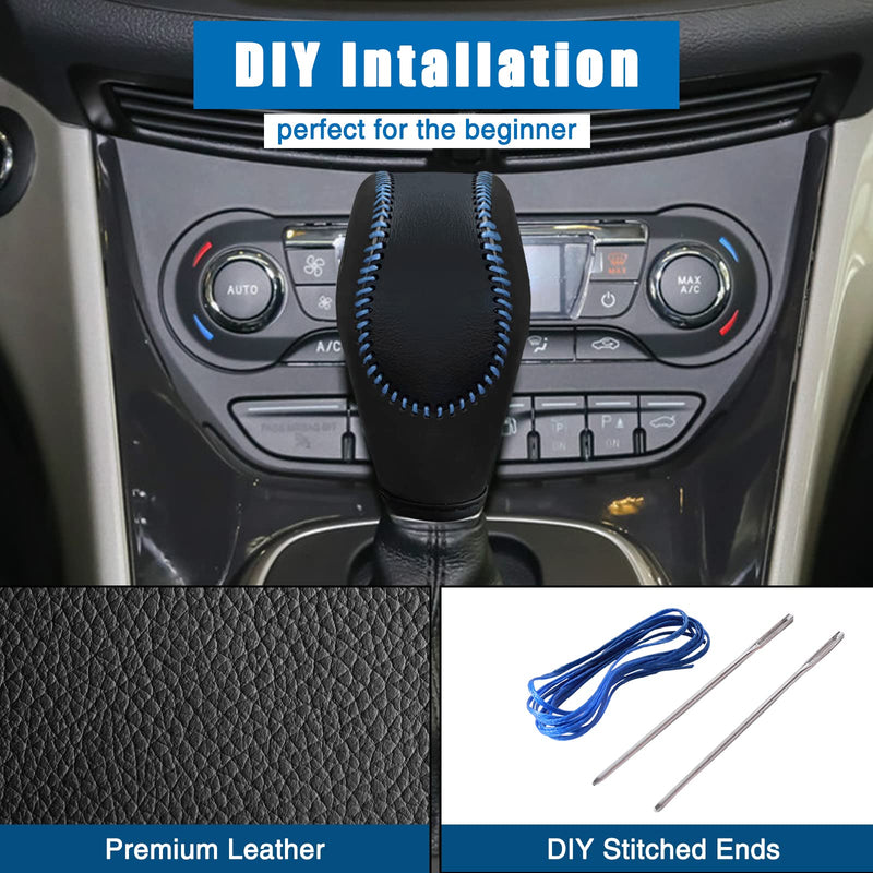 Leather Gear Shift Knob Cover Compatible with Ford Focus丨 Escape丨 Fusion丨 C-Max Energi Wagon丨 Transit 丨 Fiesta 2012-2019 Black Leather with Blue Stitches Shifter Knob Cover- Black