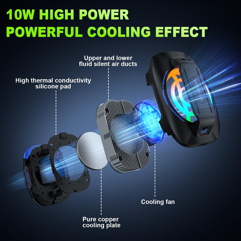 Cell Phone Cooler for Gaming, Magnetic Portable Radiator with RGB Lights, 3000mAh Rechargeable Battery, Compatible with iPhone, iPad, Android Black, Blue