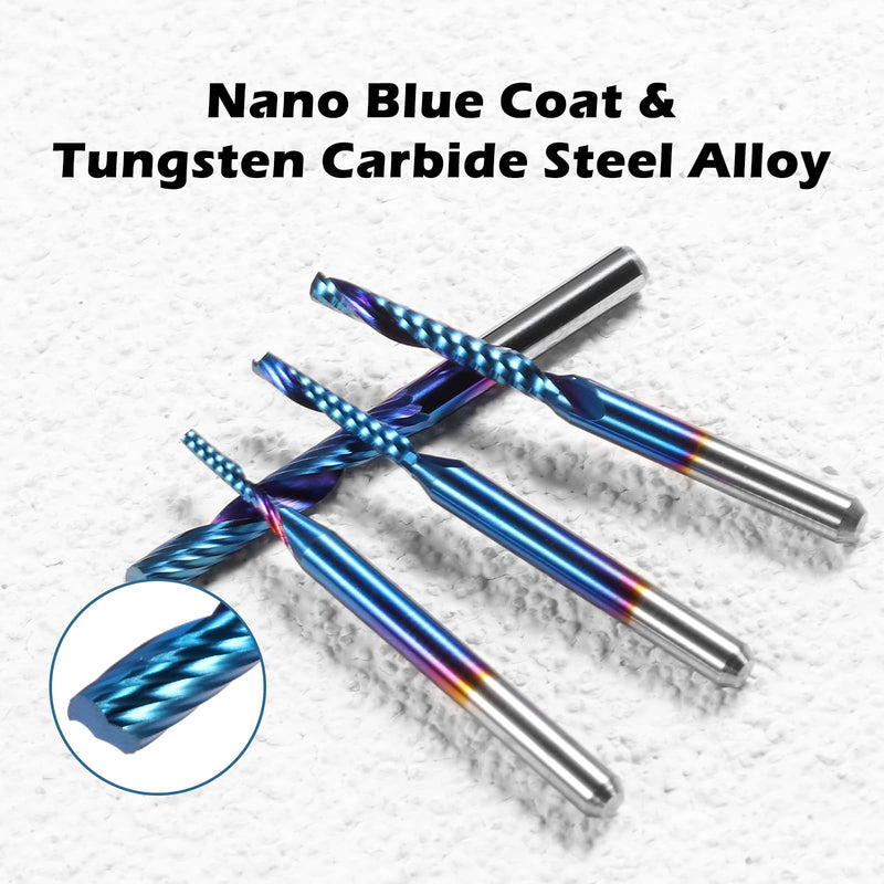 Genmitsu 1/8 Inch Shank 10pcs Carbide Spiral O Flute (Single Flute) End Mill CNC Router Bits, Solid Nano Blue Coat, for Woodworking Cutting Carving Wood Acrylic PVC PCB MDF, OS10A 1/8" Shank O-Flute 10pcs