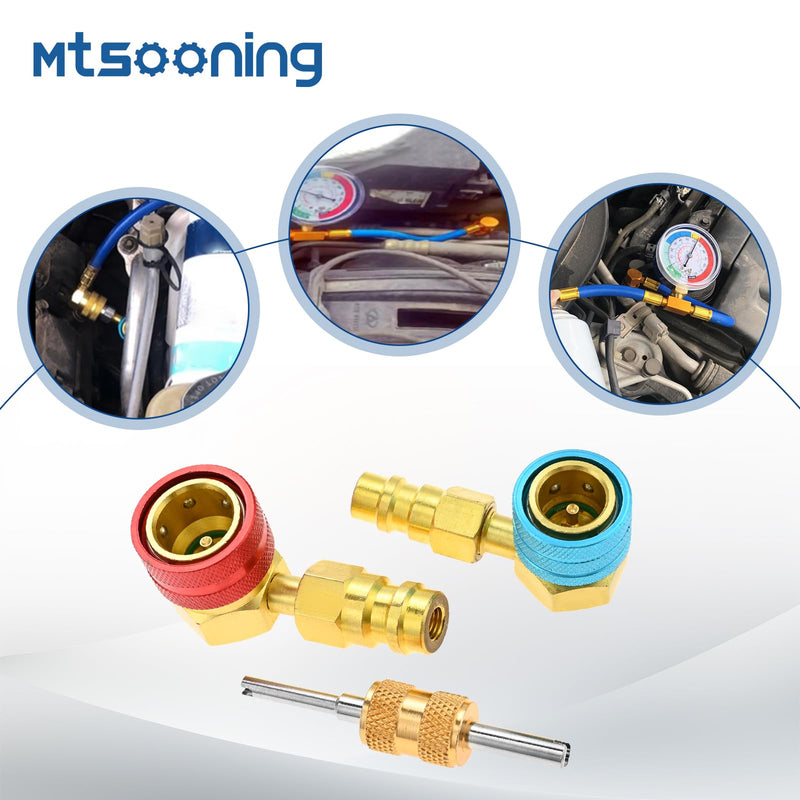 Mtsooning R1234yf 90° High/Low Side Quick Couplers Kit, R1234YF to R134A Quick Coupler Adapter, R1234YF Hose Adapter Fitting Connector with R134A Retrofit Valve for Car Conditioner AC Charging