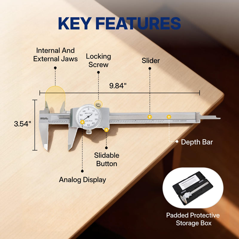 BLACK CANYON 6" Dial Caliper, 6 Inches Measurement, Caliper Measuring Tool, 0.001 inch fine Graduation, 4-Way Measurements, Hardened 4R13 Stainless Steel, Ideal for DIY/Household T7-1026