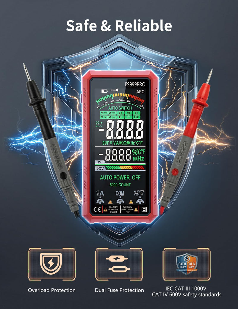 Digital Multimeter, Auto-Ranging Smart Electrical Tester, 6000 Counts TRMS, USB-C Rechargeable, Easy-to-Read Color Display, NCV Detection for Home, Automotive & DIY Use