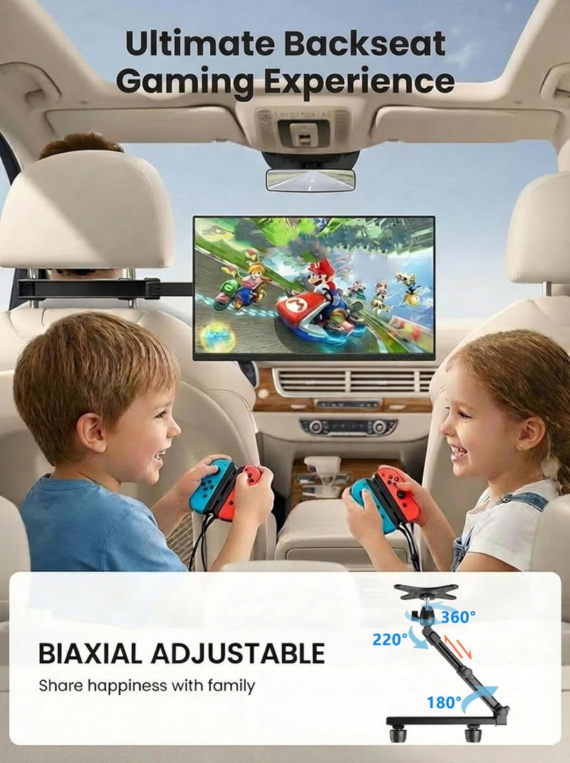 Heavy Duty Car Headrest Mount for 15.6" Portable Monitor, 2-in-1 VESA&Clip Tablet Holder for 4.7-20" Screens, Backseat Gaming Holder Compatible with Monitors, iPad, Stable Road Trip Stand for Kids